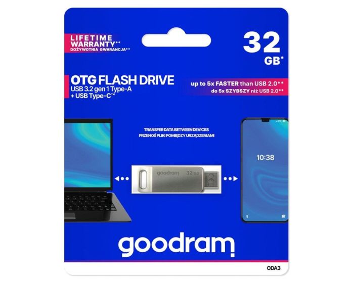 Goodram USB 3.2 Flash Pen Drive OTG USB A + Type C ODA3 Memory Stick 32GB Silver - MT83131