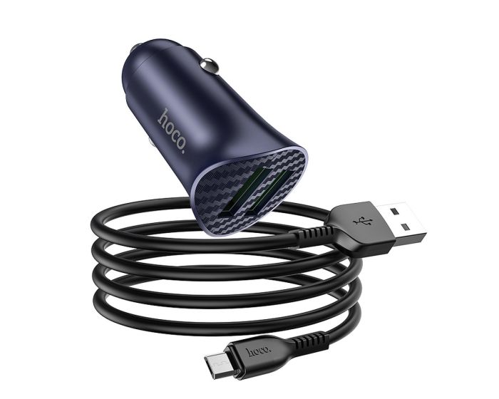 HOCO Z39 Farsighted Car Charger 2x USB QC3.0 18W Διπλός Φορτιστής Αυτοκινήτου με Καλώδιο Micro USB 1m - Blue