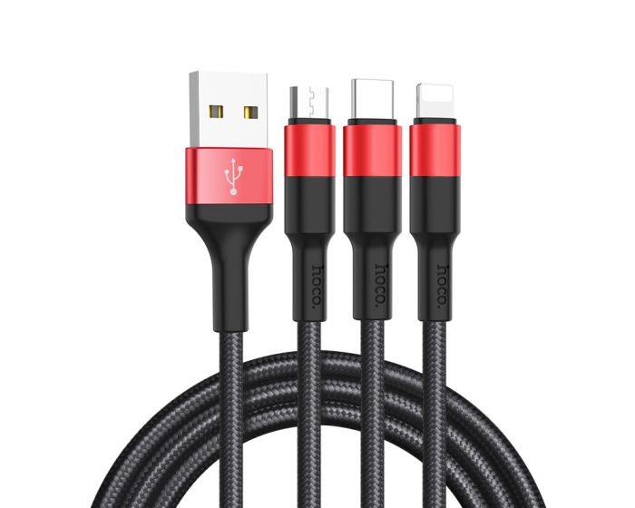 Hoco X26 Xpress Cable 3in1 Καλώδιο Φόρτισης Micro USB / Lightning / Type-C 2A 1m - Black / Red