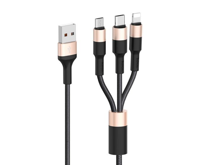Hoco X26 Xpress Cable 3in1 Καλώδιο Φόρτισης Micro USB / Lightning / Type-C 2A 1m - Black / Gold
