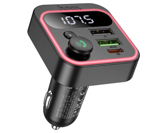 HOCO E85 FM In-Car Wireless FM Transmitter + Charger 2xUSB + Type C QC3.0 PD 20W Φορτιστής Αυτοκινήτου Black - MT83901