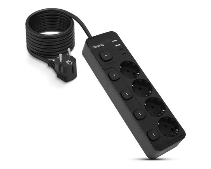 Huslog 4-Way Power Strip + 2xUSB / 2xType C with 5 Switches Πολύπριζο με Καλώδιο 1.5m - Black - MT81783