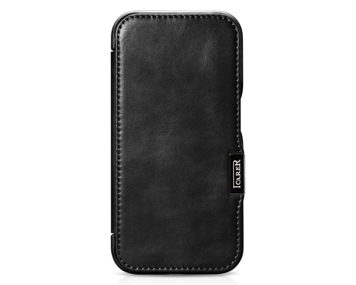 iCarer Curved Edge Oil Wax Genuine Leather Folio MagSafe Case Δερμάτινη Θήκη Black (iPhone 15)