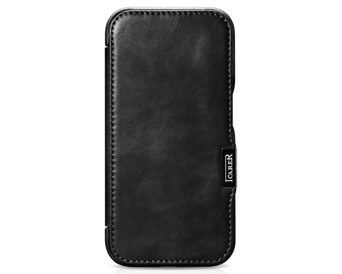 iCarer Curved Edge Oil Wax Genuine Leather Folio MagSafe Case Δερμάτινη Θήκη Black (iPhone 15 Pro)