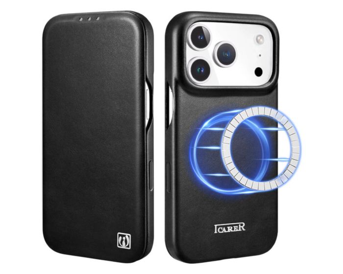 iCarer Curved Edge Genuine Leather Folio MagSafe Case Δερμάτινη Θήκη Black (iPhone 17 Pro) - MT82604