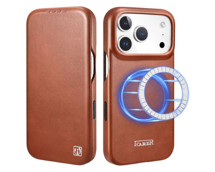 iCarer Curved Edge Genuine Leather Folio MagSafe Case Δερμάτινη Θήκη Retro Brown (iPhone 17 Pro) - MT82603