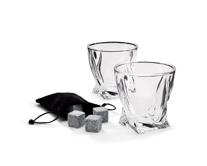 InGenious Twisted Glasses With Stone – Σετ 2 Ποτήρια και Κομψή θήκη με 4 Κύβους Πάγου από Πέτρα