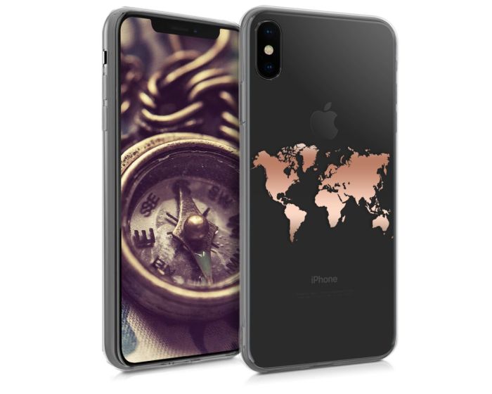 KWmobile Slim Fit Gel Case World Map (45911.01) Θήκη Σιλικόνης Διάφανη / Ροζ Χρυσή (iPhone Xs Max)