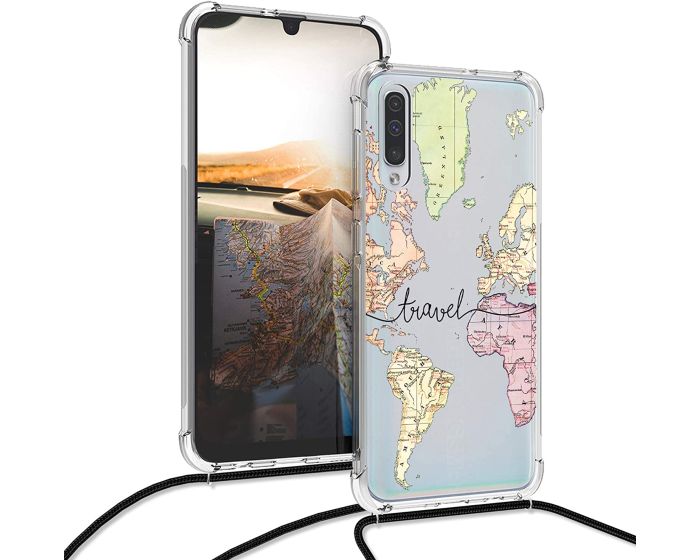 KWmobile Crossbody Silicone Case with Neck Cord Lanyard Strap (49348.02) World Map Travel (Samsung Galaxy A50 / A30s)