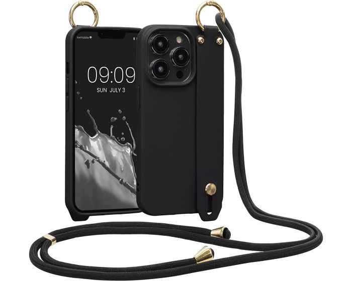 KWmobile Crossbody Silicone Case with Neck Cord Lanyard and Hand Strap (59097.01) Black (iPhone 14 Pro)