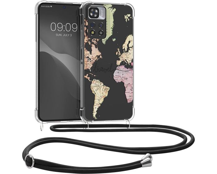 KWmobile Crossbody Silicone Case with Neck Cord Lanyard Strap (58101.02) World Map Travel (Xiaomi Redmi Note 11 Pro Plus 5G)
