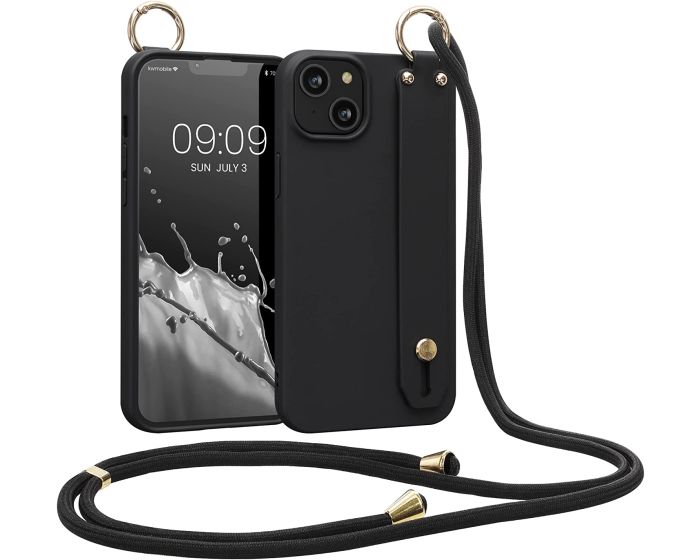 KWmobile Crossbody Silicone Case with Neck Cord Lanyard and Hand Strap (59096.01) Black (iPhone 14 Plus)