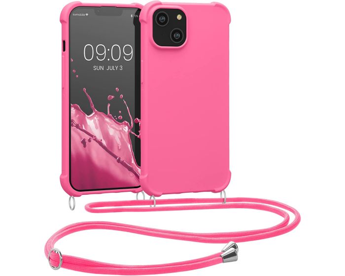 KWmobile Crossbody Silicone Case with Neck Cord Lanyard Strap (59116.77) Neon Pink (iPhone 14)