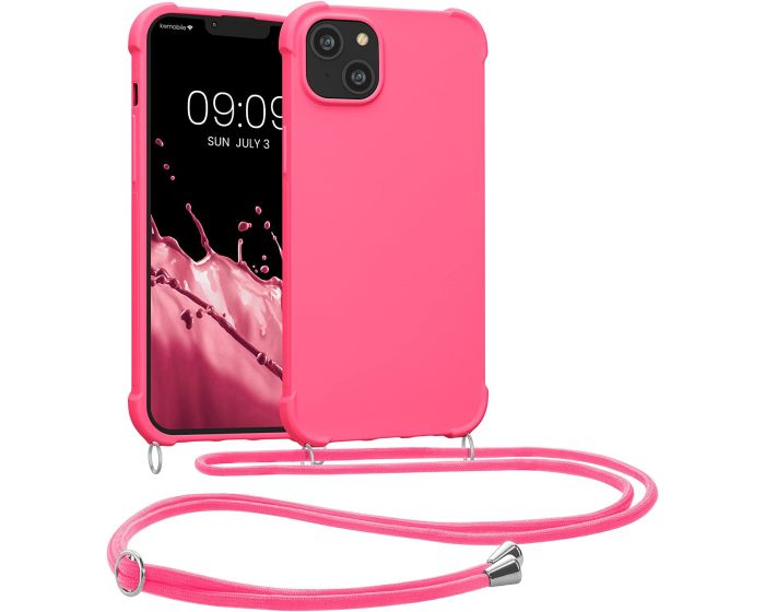KWmobile Crossbody Silicone Case with Neck Cord Lanyard Strap (59117.77) Neon Pink (iPhone 14 Plus)