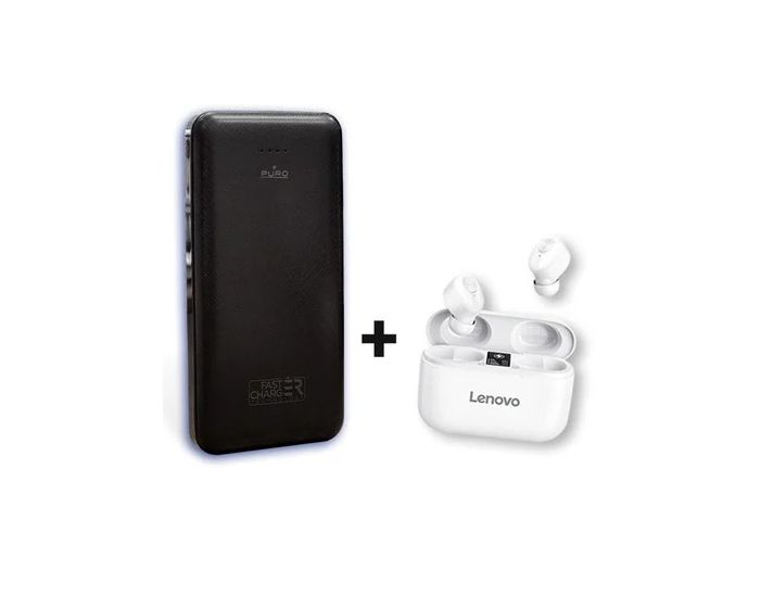 Lenovo HT18 TWS Wireless Bluetooth Earbuds with Charging Box White + Puro Power Bank 10000 mAh 2x USB-A Black - Bundle