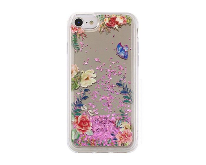 Liquid Glitter Flower Mirror Case Θήκη με Χρυσόσκονη Pink (iPhone 7 / 8 / SE 2020 / 2022)