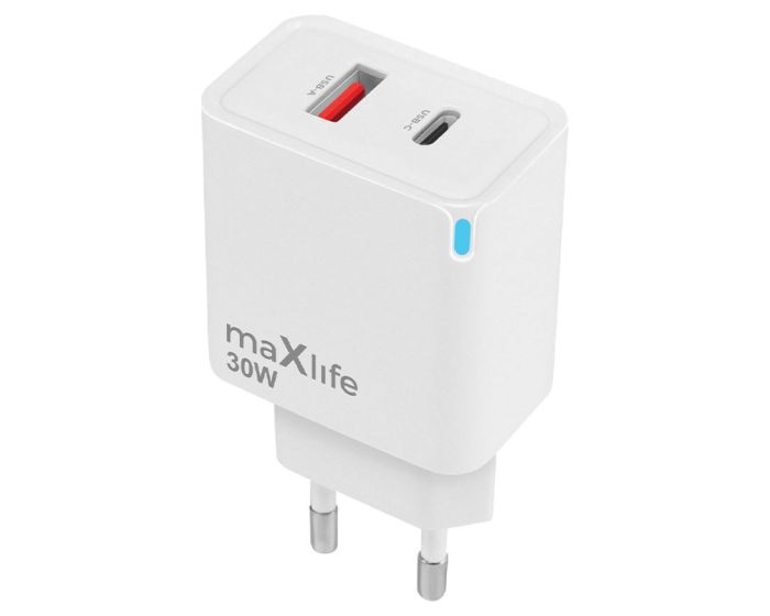 Maxlife MXTC-09-30AC GaN Charger USB / Type-C QC PD 30W Αντάπτορας Φόρτισης Τοίχου - White - MT81549