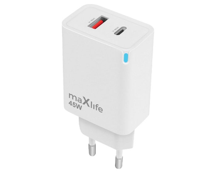 Maxlife MXTC-09-45AC GaN Charger USB / Type-C QC PD 45W Αντάπτορας Φόρτισης Τοίχου - White - MT81550