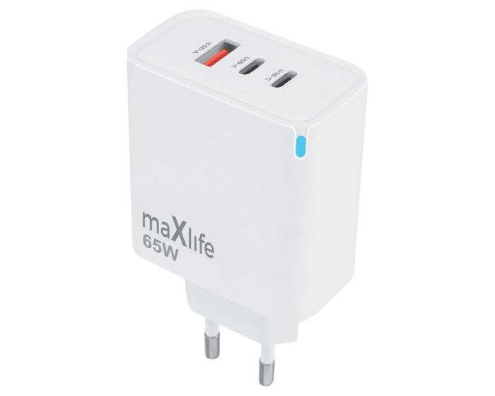 Maxlife MXTC-09-65ACC GaN Charger USB / 2x Type-C QC PD 65W Αντάπτορας Φόρτισης Τοίχου - White - MT81551