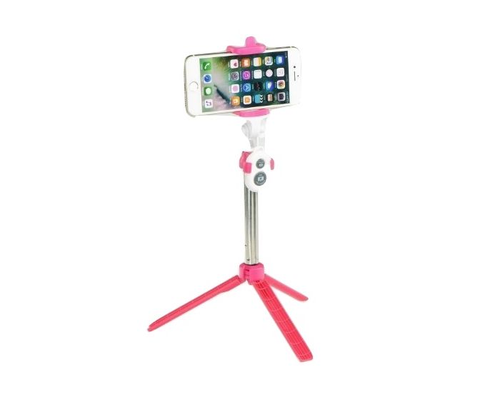 Universal Combo Mini Tripod / Selfie Stick with Remote Ροζ για Κινητά και Φωτογραφική Μηχανή
