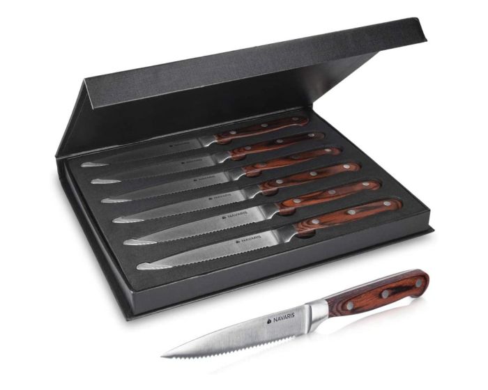 Navaris 6x Steak Knife Set with Wooden Handle and Wooden Gift Box (48114.01.06) Σετ 6 Ανοξείδωτων Μαχαιριών Steak με Ξύλινη Λαβή και Ξύλινη Θήκη Δώρου