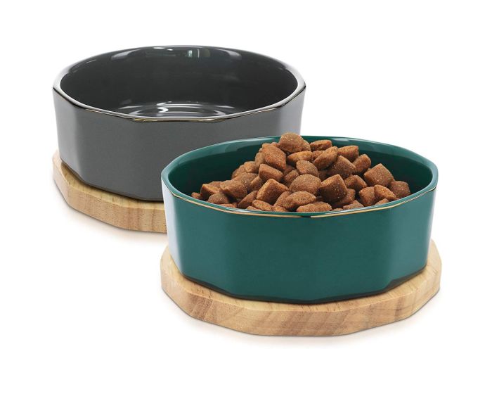 Navaris Ceramic Feeding Bowl 2x Set with Oak Wood Base (50946.80) Μπολ Φαγητού με Ξύλινη Βάση για Κατοικίδια - Dark Green / Gray