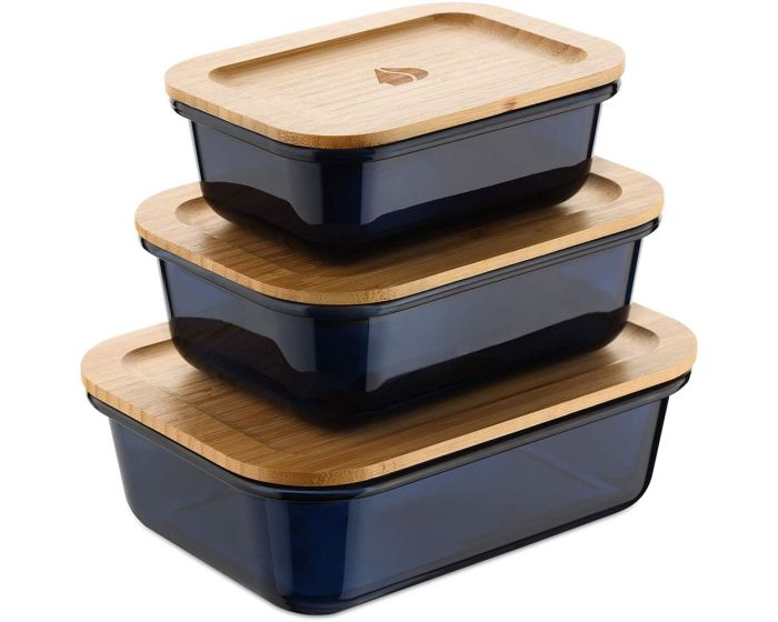 Navaris Glass Food Containers Set of 3 with Bamboo Lid Heat / Cold Resistant (49613.03.02) 3 Γυάλινα Δοχεία Αποθήκευσης Τροφίμων με Καπάκι από Μπαμπού