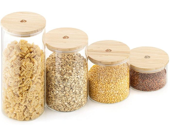 Navaris Airtight Storage Jars Set of 4 with Bamboo Lid (54600.02.04) 4 Γυάλινα Δοχεία Αποθήκευσης Τροφίμων με Καπάκι από Μπαμπού