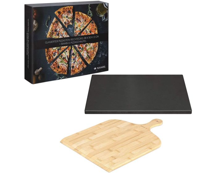 Navaris XL Pizza Stone for Baking + Pizza Peel (51246.01.02) Πέτρινη Πλάκα για Φούρνο + Φτυαράκι 38 x 30cm - Black