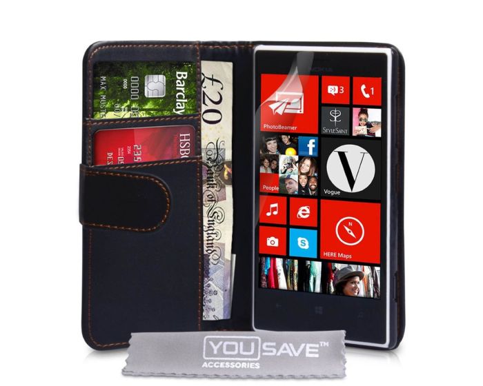 YouSave Wallet Θήκη Πορτοφόλι (NO-KA01-Z240) Μαύρη + Screen Protector (Nokia Lumia 720)