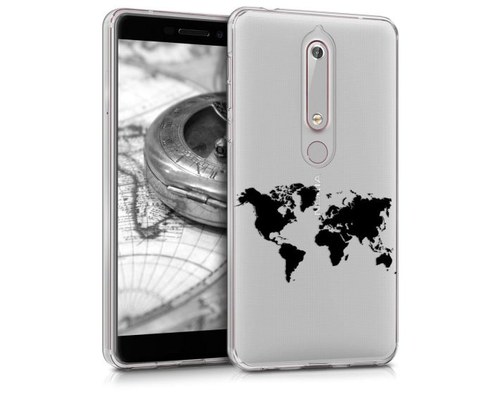 KWmobile Slim Fit Gel Case World Map (44200.02) Θήκη Σιλικόνης Διάφανη / Μαύρο (Nokia 6 2018)