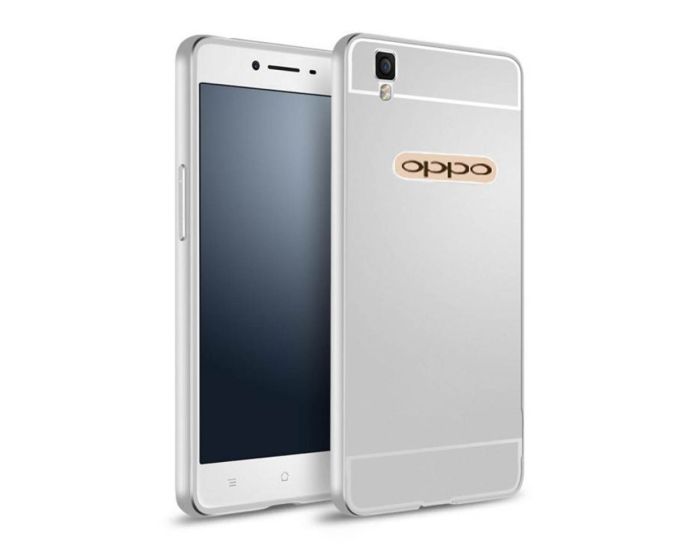 Aluminum Bumper & Back Mirror Cover - Silver (OPPO R7s)