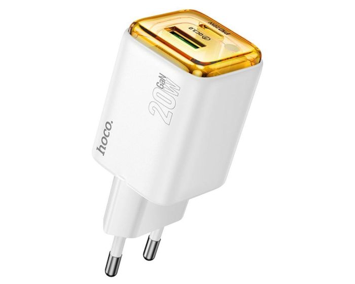 HOCO N52 GaN Fast Wall Charger QC3.0 PD 3A 20W USB / Type-C Αντάπτορας Φόρτισης - White