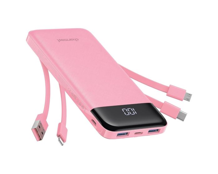 Charmast W1148 Power Bank 5V 3A 10000 mAh with USB, Micro USB, Lightning, Type-C Cables - Pink - MT83882