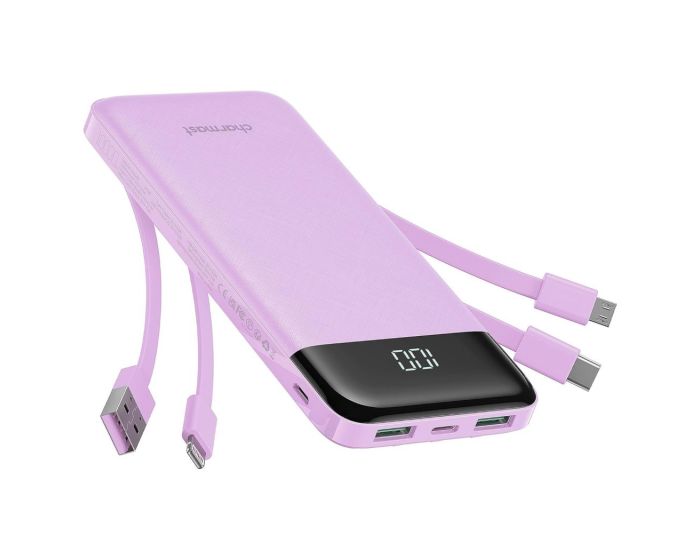 Charmast W1148 Power Bank 5V 3A 10000 mAh with USB, Micro USB, Lightning, Type-C Cables - Purple - MT83883