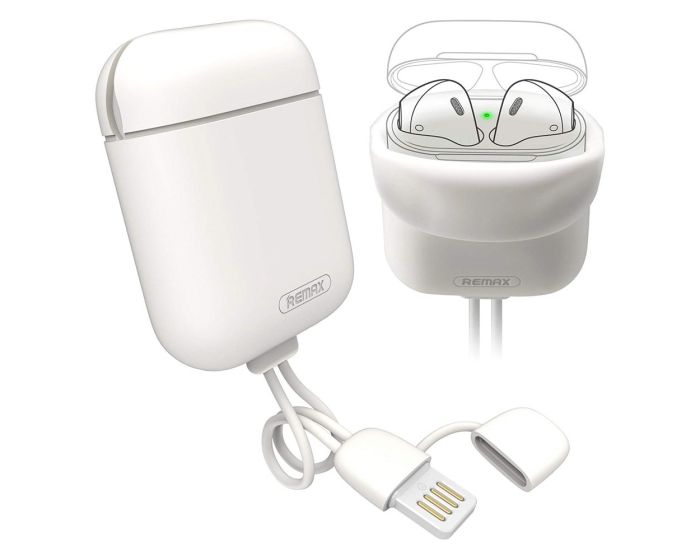 Remax Silicone Airpods Case + USB Lightning Cable Θήκη Σιλικόνης με καλώδιο για Airpods 1/2 - White