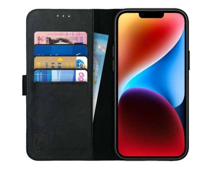Rosso Deluxe Wallet Case Δερμάτινη Θήκη Πορτοφόλι με Stand - Black (iPhone 14 Plus)