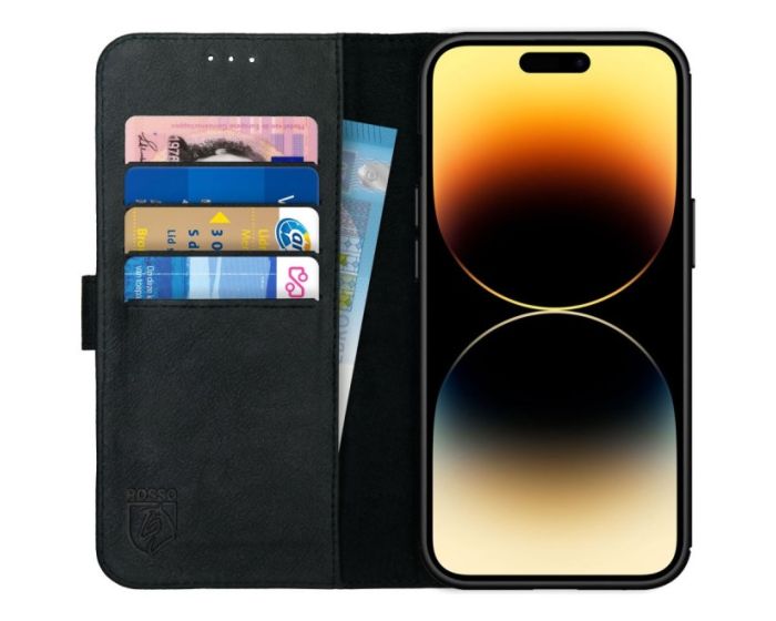 Rosso Deluxe Wallet Case Δερμάτινη Θήκη Πορτοφόλι με Stand - Black (iPhone 14 Pro Max)
