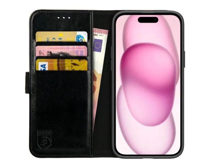 Rosso Element PU Leather Wallet Θήκη Πορτοφόλι με Stand - Black (iPhone 15 Plus)