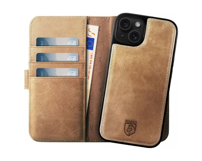 Rosso Elite MagSafe Leather Wallet Δερμάτινη Θήκη Πορτοφόλι - Light Brown (iPhone 15 Plus)