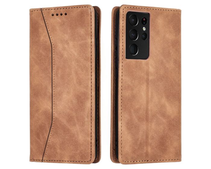 Bodycell PU Leather Book Case Θήκη Πορτοφόλι με Stand - Brown (Samsung Galaxy S21 Ultra 5G)