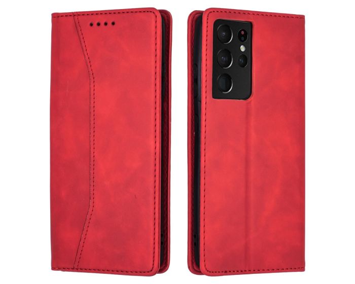 Bodycell PU Leather Book Case Θήκη Πορτοφόλι με Stand - Red (Samsung Galaxy S21 Ultra 5G)