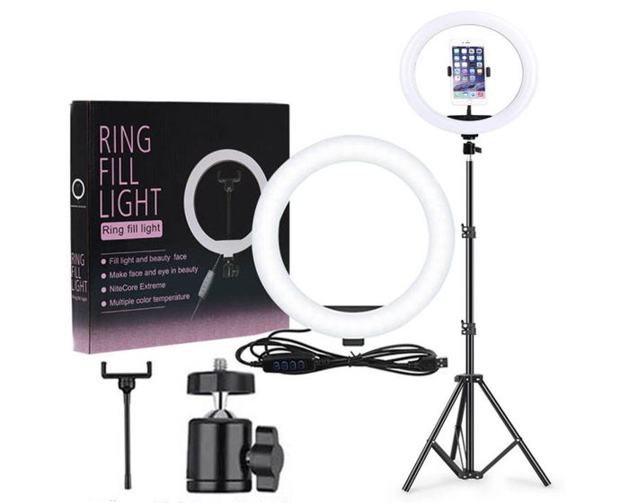 QX-260 Ring LED Fill Light 10'' with Tripod up to 200cm  Φωτισμός Led με Τρίποδο - Black