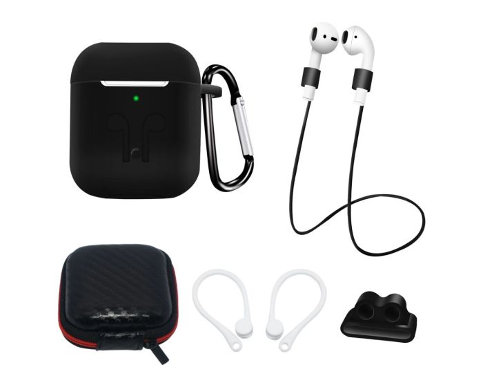 AirPods 1/2 Silicone Case Set + Case/Ear Hook/Neck Strap/Watch Strap Holder/Carabiner Clasp - Black