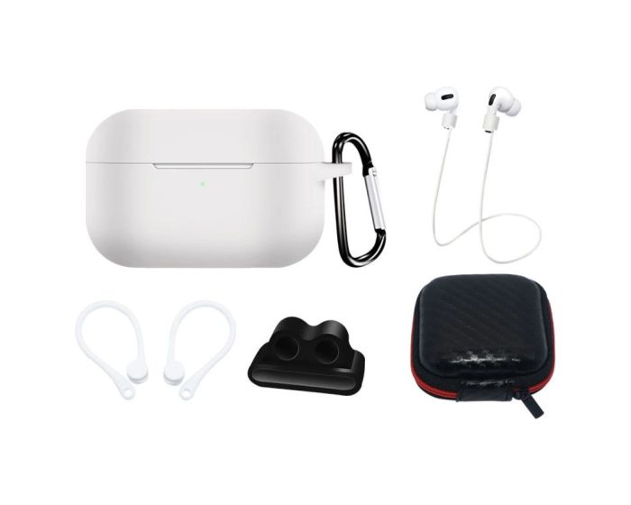 AirPods Pro 1/2 Silicone Case Set + Case/Ear Hook/Neck Strap/Watch Strap Holder/Carabiner Clasp - White