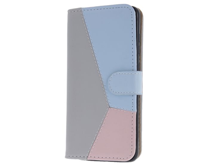Smart Trendy Wallet Case Θήκη Πορτοφόλι με δυνατότητα Stand Geometric Grey / Blue / Pink (Samsung Galaxy A12 / M12)