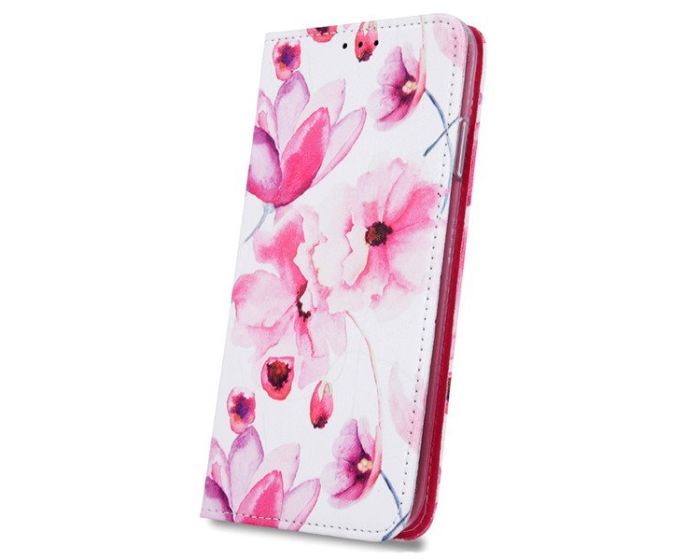 Smart Trendy Magnet Wallet Case Θήκη Πορτοφόλι με Stand Pink Flowers (Motorola Moto G7 Play)