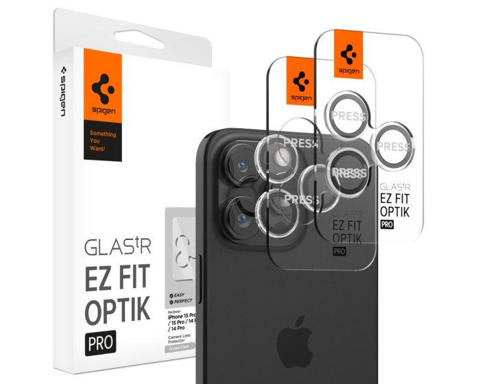 Spigen Optik Pro Glas.Tr ''EZ FIT'' Camera Lens Tempered Glass Prοtector (AGL06914) 2-Pack Crystal Clear (iPhone 14 Pro / 14 Pro Max / 15 Pro / 15 Pro Max / 16 Pro / 16 Pro Max)