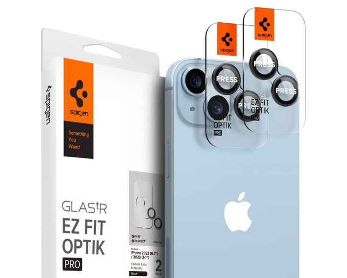 Spigen Optik.Tr ''EZ FIT'' Camera Lens Tempered Glass Prοtector (AGL05213) 2-Pack Black (iPhone 14 / 14 Plus)