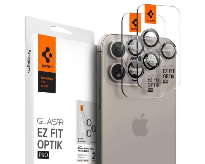 Spigen Optik Pro Glas.Tr ''EZ FIT'' Camera Lens Tempered Glass Prοtector (AGL07163) 2-Pack Natural Titanium (iPhone 14 Pro / 14 Pro Max / 15 Pro / 15 Pro Max / 16 Pro / 16 Pro Max)